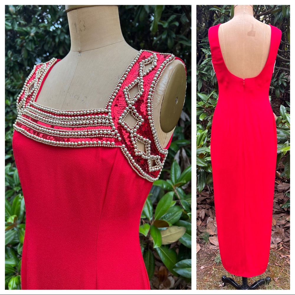 Vtg Beaded Red Gown w/Thigh Slit